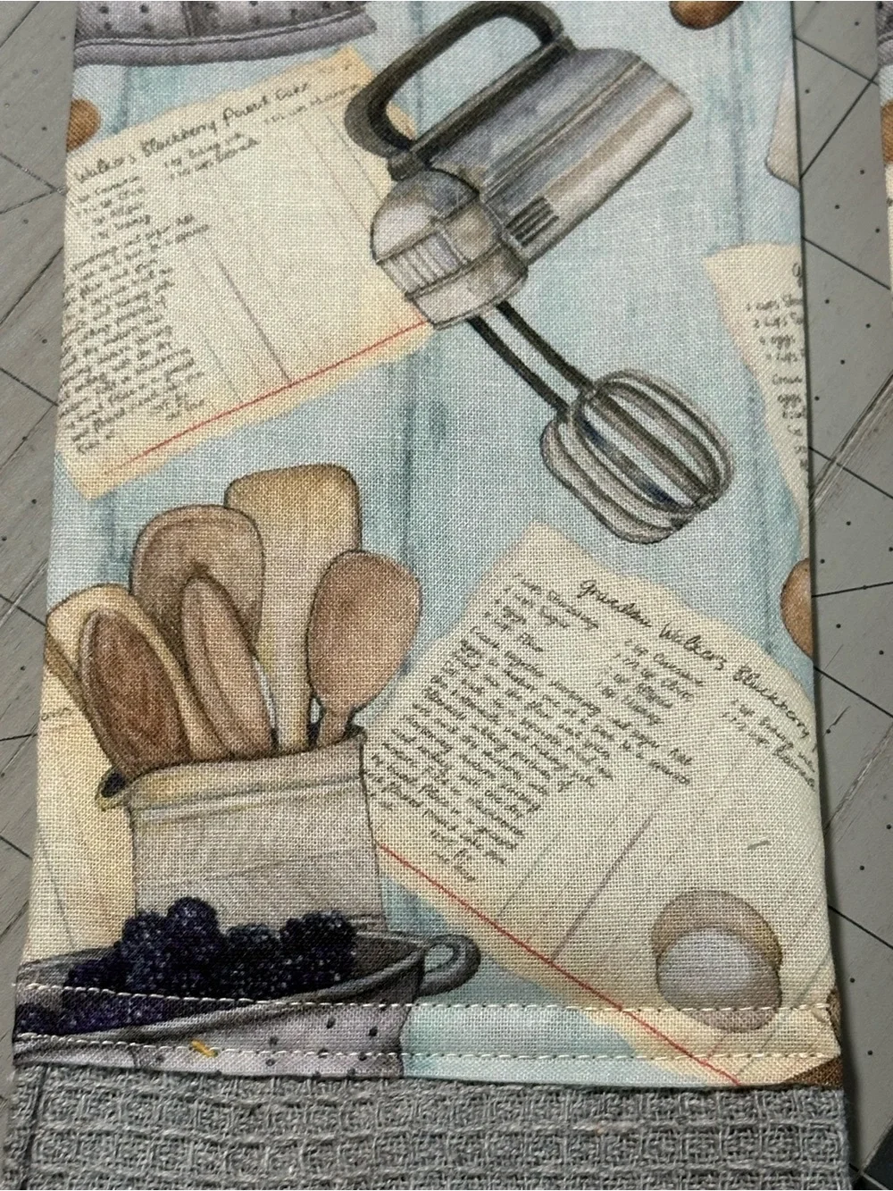 Handmade Kitchen Scarf - Baking Print with Gray Towel